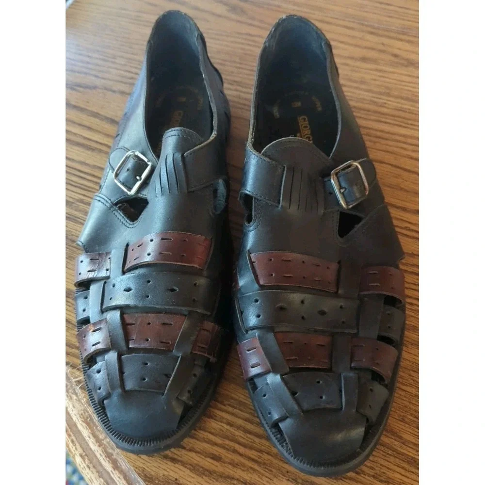Giorgio Brutini Black Brown Leather Men's Huarache Sandals Side Buckle Shoes 13M